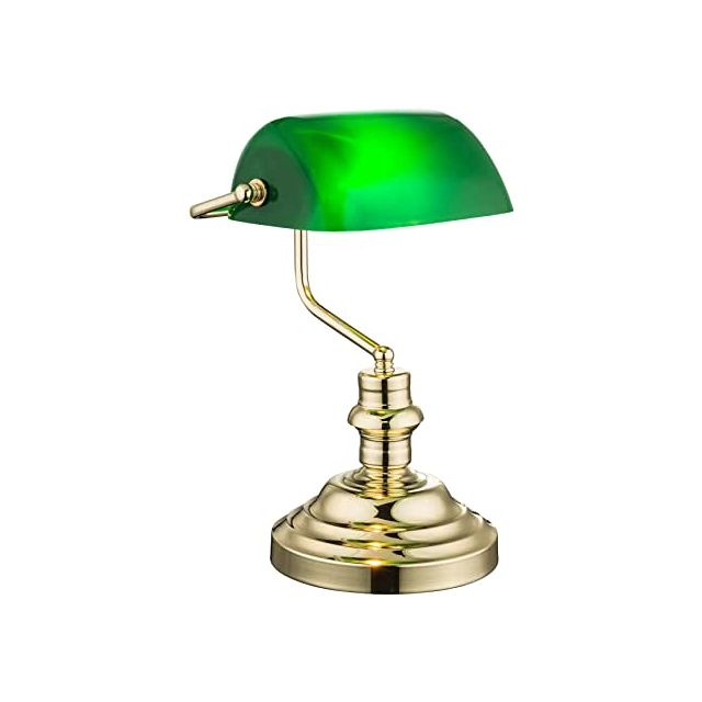 Tischleuchte Metall messingfarben, Acryl grün, Bankerlampe, exkl. 1xE27 60W 230V